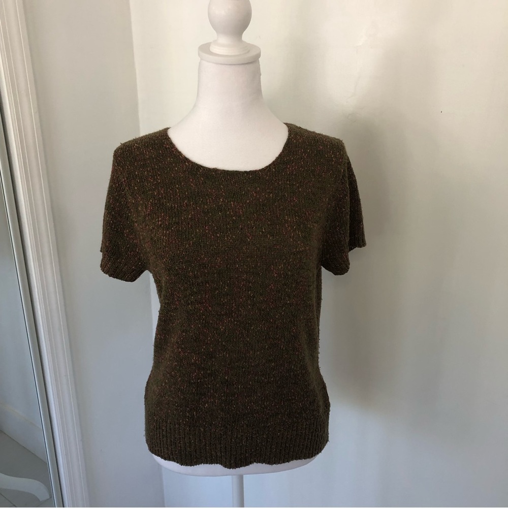NORTON MCNAUGHTON Women Brown w/ Red/Beige Heathered Short Sleeve Knit Top
